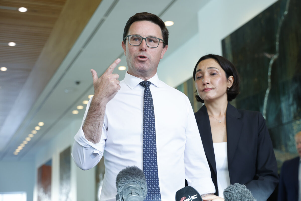 Leader of the National party David Littleproud and his wife Amelia Littleproud face the media at Parliament House in Canberra, Australia, on March 10, 2026. (Hilary Wardhaugh/Getty Images)