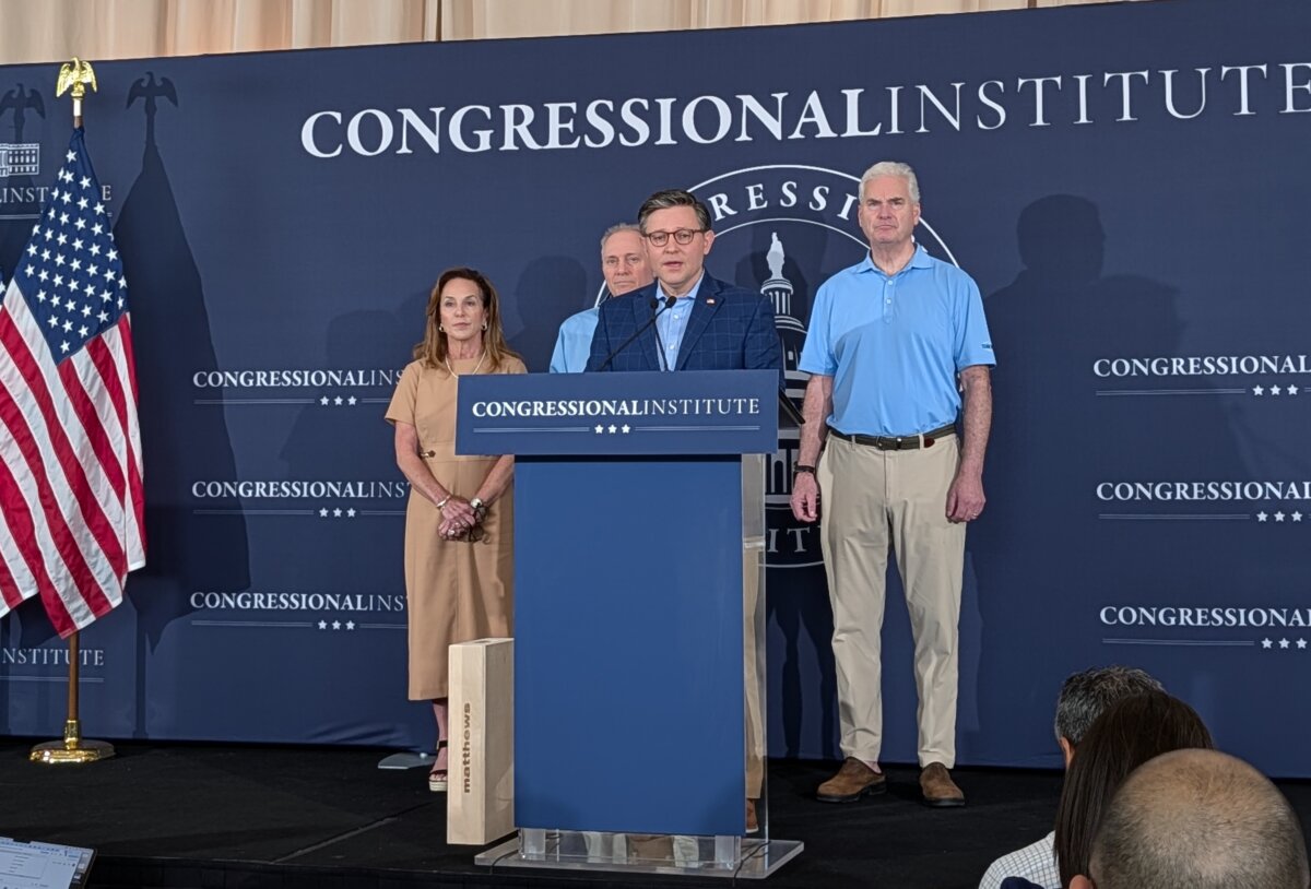 House Speaker Mike Johnson (R-La.) addresses the GOP's legislative priorities heading into the 2026 midterms during a press conference in Doral, Florida, on March 10, 2026 (Jacob Burg/The Epoch Times)