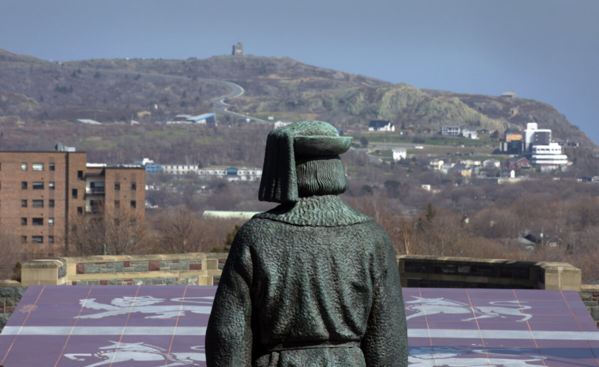 The statue of John Cabot is shown in front of the Confederation Building in St. John's NL on May 17, 2021. (The Canadian Press/Paul Daly)
