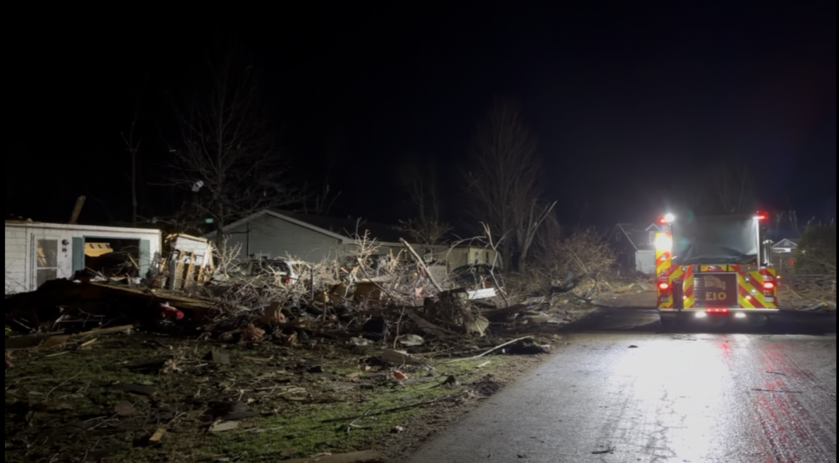 A fire truck amid tornado wreckage in Kankakee, Ill., on March 10, 2026. (Courtesy of Rob McBay)
