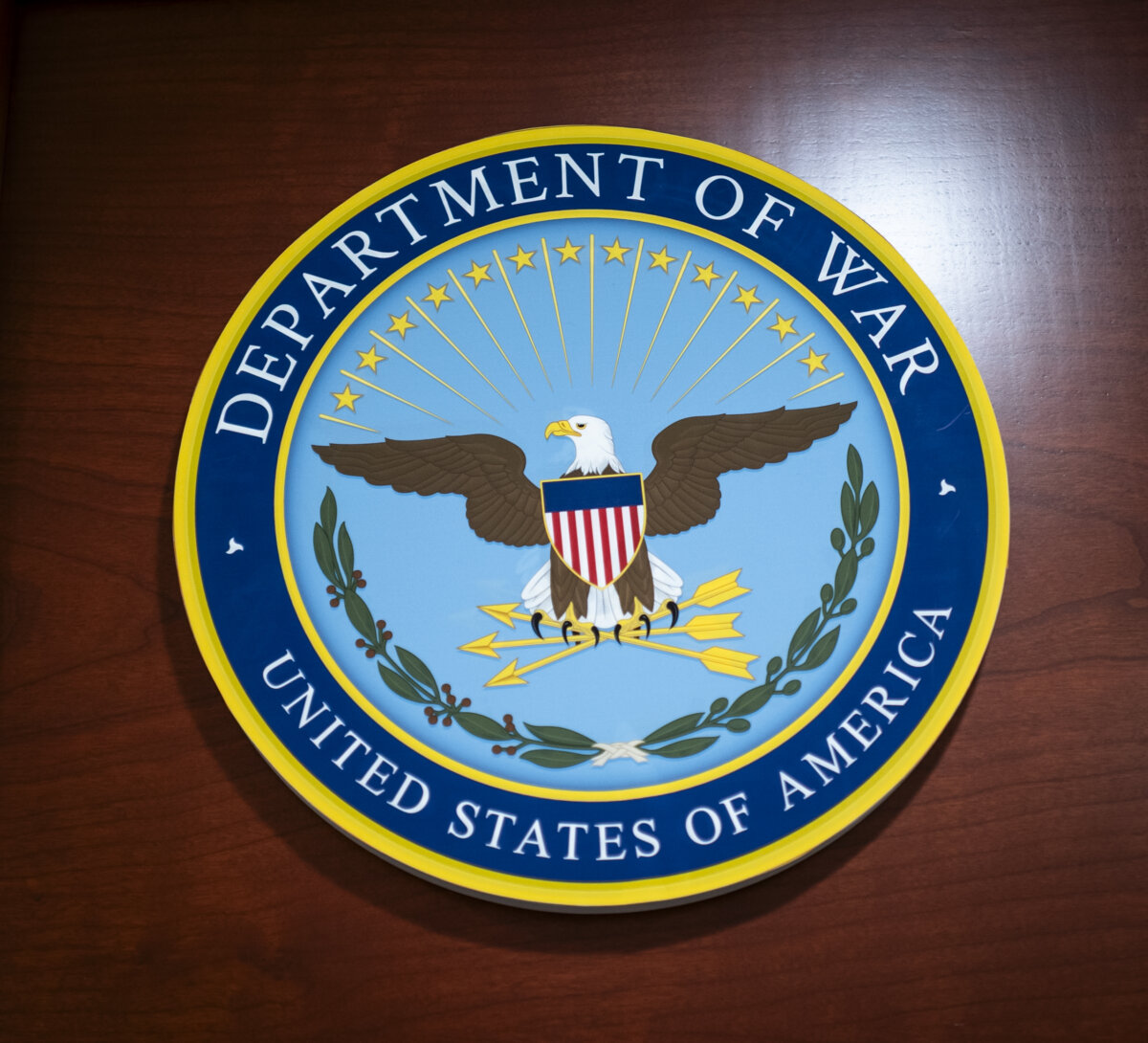 The Department of War logo at the Pentagon in Arlington, Va., on March 10, 2026. (Madalina Kilroy/The Epoch Times)