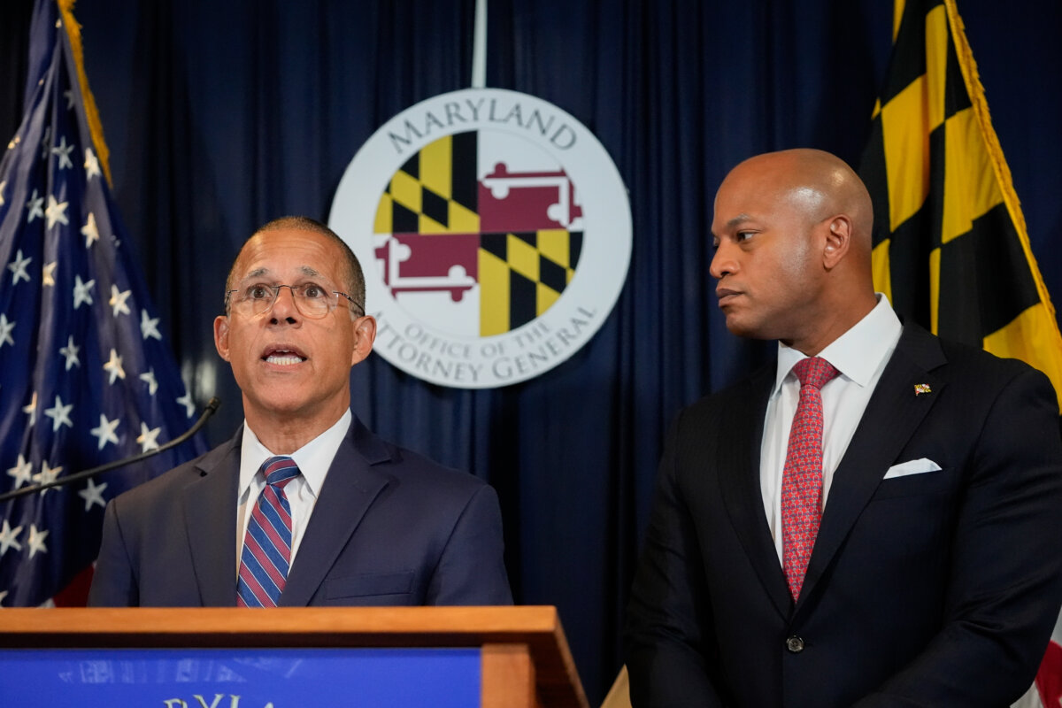 Maryland Attorney General Anthony Brown speaks as Gov. Wes Moore listens during a news conference in Baltimore on Sept. 24, 2024. (Stephanie Scarbrough/AP Photo)