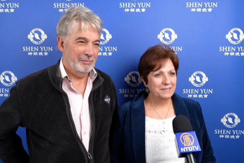 Florence Saury and Jean-Marie Herrera at the Shen Yun performance at the Corum in Montpellier on March 9, 2026. (NTD)