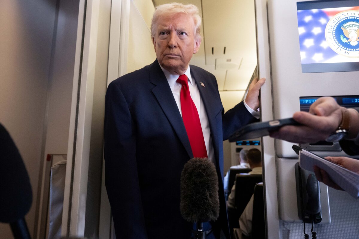 President Donald Trump speaks with the media aboard Air Force One during a flight from Dover, Del., to Miami, Fla., on March 7, 2026. (Saul Loeb/AFP via Getty Images)