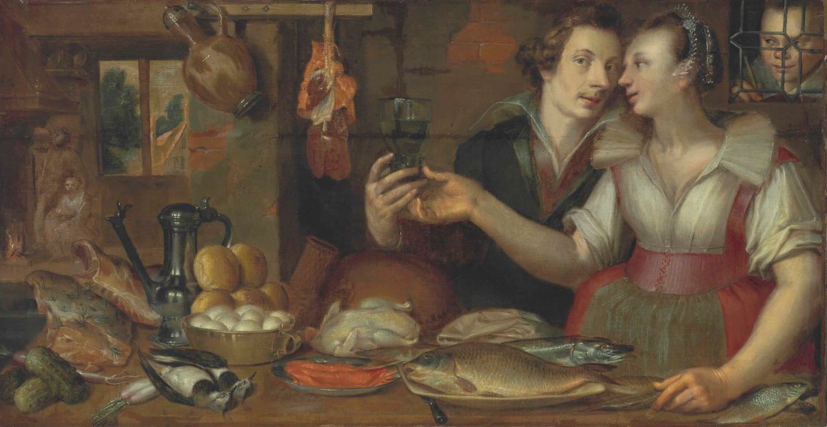A young maid and a young gentleman fall in love in L.M. Montgomery's "The Penningtons' Girl." Painting of a kitchen interior with a maid and a young man, by a Cornelis Engelsz follower. (Public Domain)
