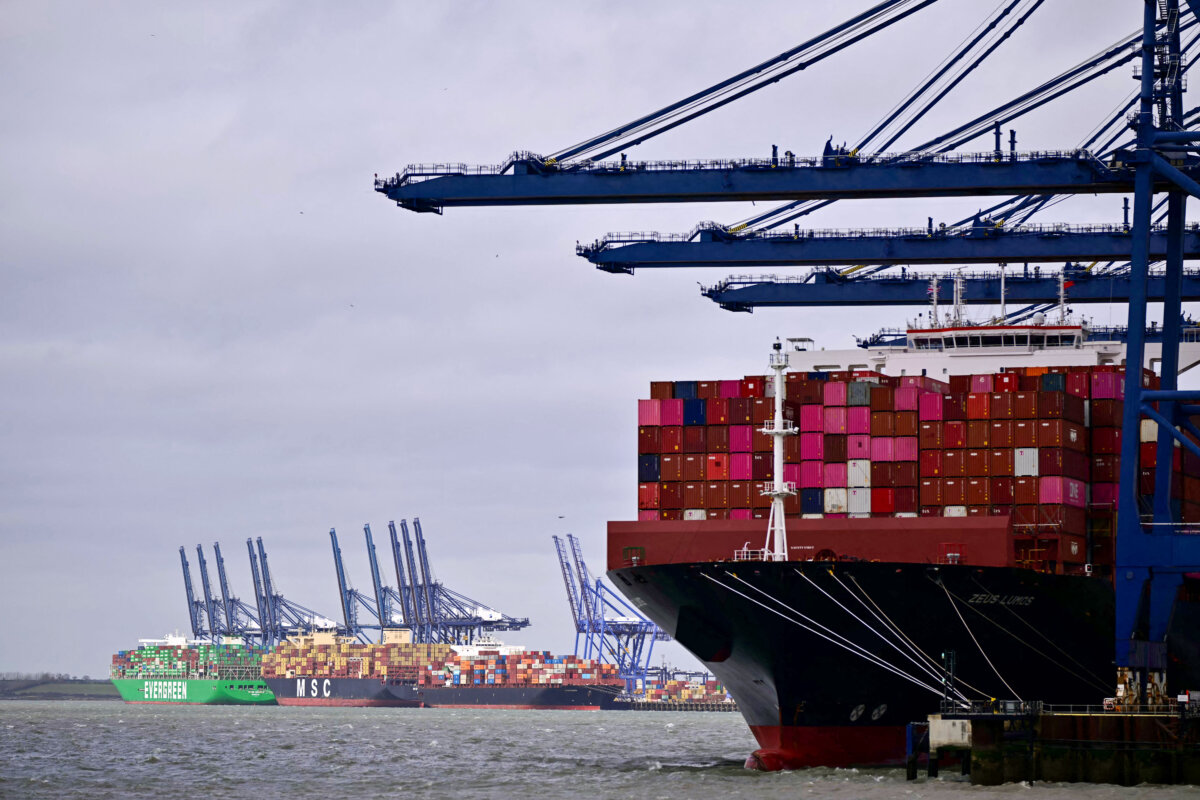 The container ships Ever Gentle, MSC Kayley, Traigfuen, and Zeus Lumos, all registered under the flag of Liberia, are pictured moored in Felixstowe on the East coast of England, on March 12, 2026. (Ben Stansall/AFP via Getty Images)