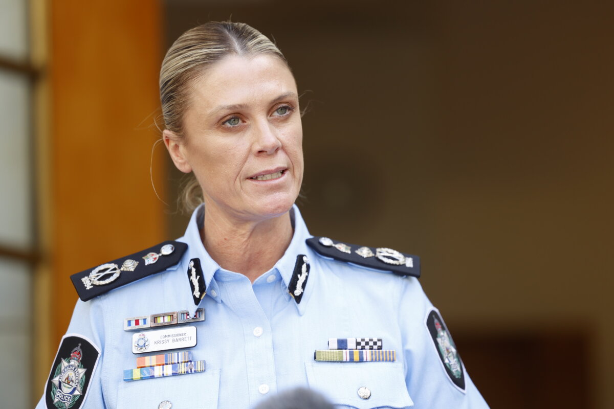 Australian Federal Police Commissioner Krissy Barrett speaks to the media at Parliament House in Canberra, Australia, on Dec. 19, 2025. (Hilary Wardhaugh/Getty Images)