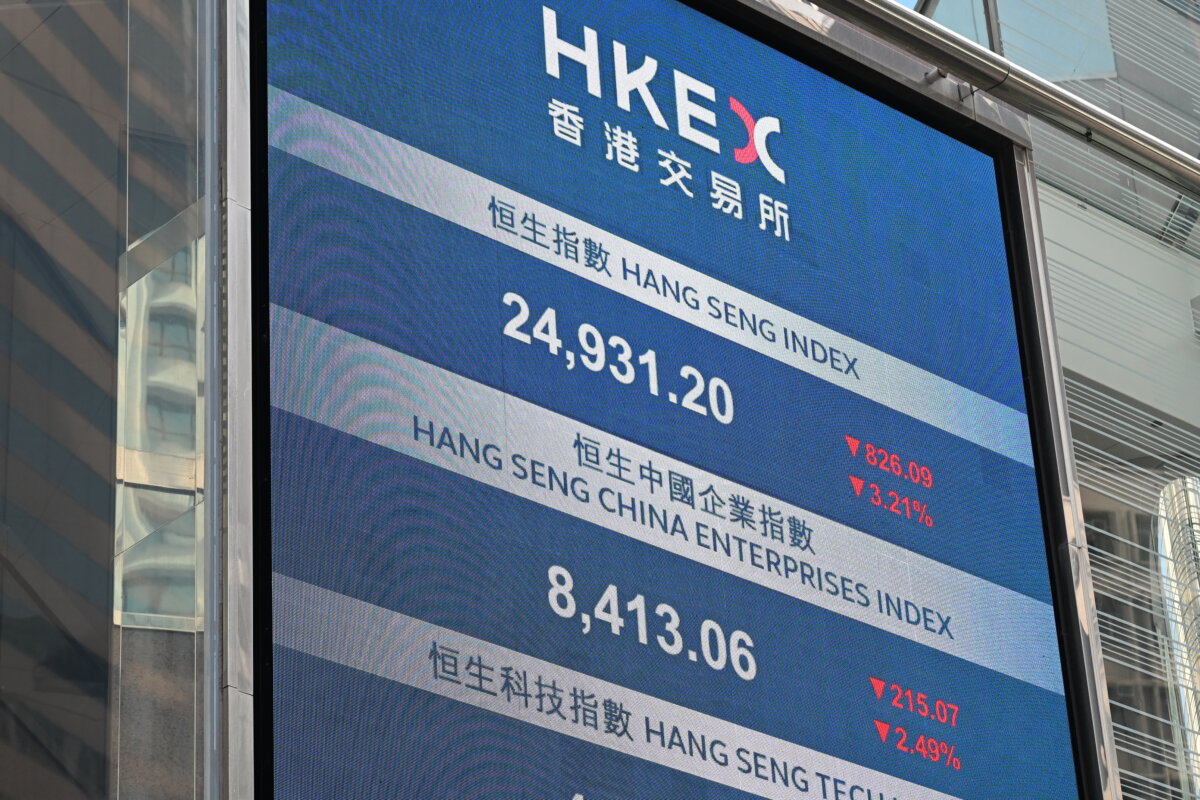 A board shows the Hang Seng Index outside the Hong Kong Exchanges and Clearing (HKEX) building in Hong Kong on March 9, 2026. (Peter Parks/AFP via Getty Images)