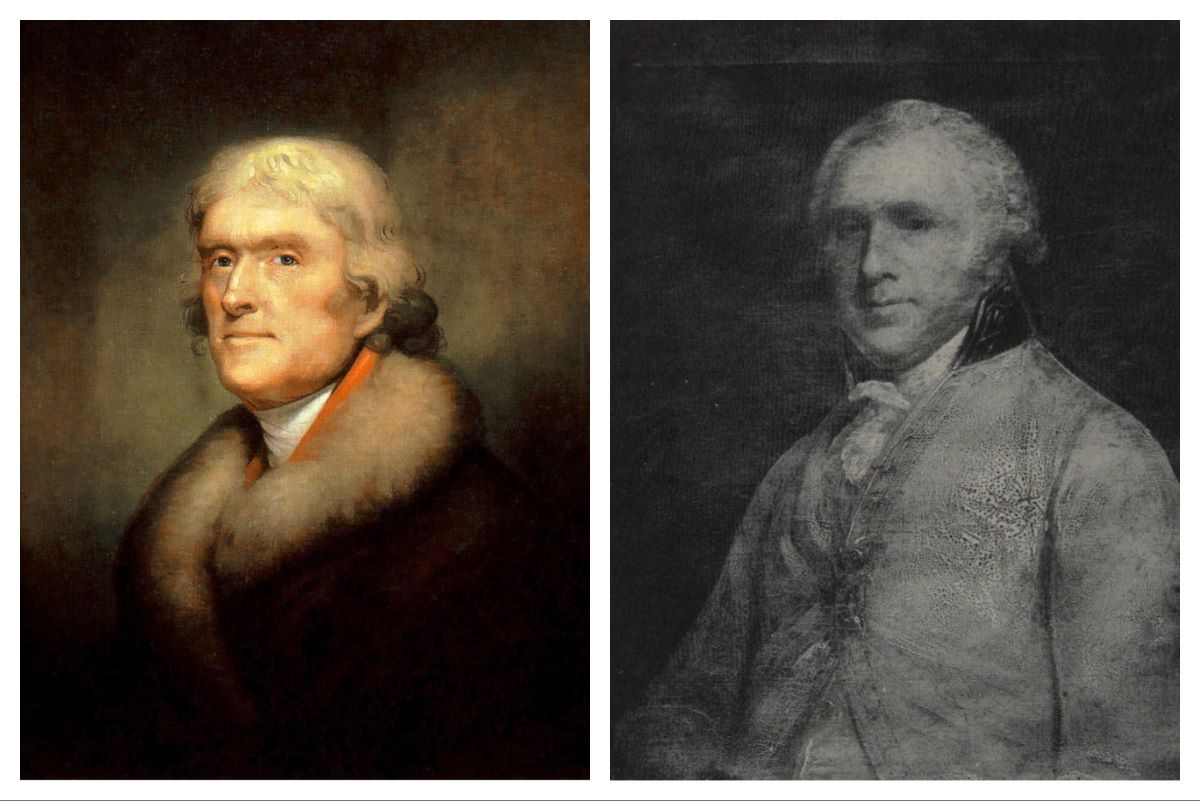 (Left) Thomas Jefferson in an 1805 Rembrandt Peale portrait and (Right) British minister Anthony Merry who took offense to Jefferson's informal approach to diplomatic social events. (Public Domain)