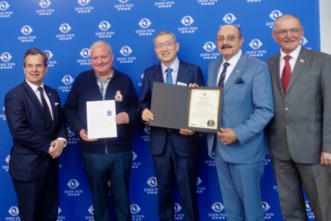(L–R) Mississauga city councillors Stephen Dasko and Brad Butt;  Michael Cui, one of the organizers who helped to bring Shen Yun to Toronto; Ontario MPP Sheref Sabawy; and former MP Wladyslaw Lizon attend a Shen Yun performance at the Living Arts Centre in Mississauga, Ont., on March 14, 2026. (NTD)