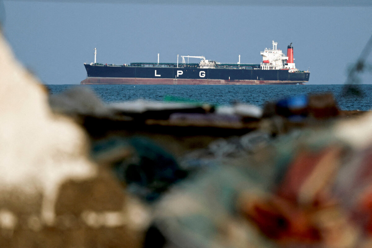 An LPG gas tanker at anchor as traffic is down in the Strait of Hormuz, amid the U.S.-Israeli conflict with Iran, in Shinas, Oman, on March 11, 2026. (Benoit Tessier/Reuters)
