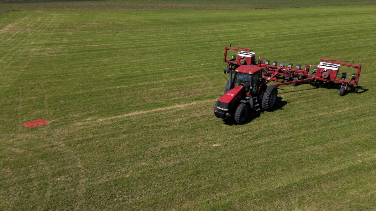 A drone view shows a tractor and a soybean planter parked on a soy farm in Somonauk, Illinois,on May 30, 2024. (Jim Vondruska/Reuters)