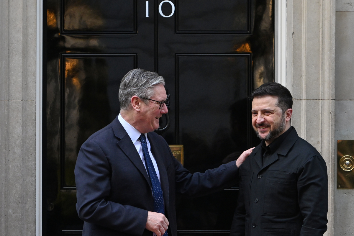 British Prime Minister Sir Keir Starmer welcomes Ukrainian President Volodymyr Zelenskyy to Downing Street in London on March 17, 2026. (Thomas Krych/AP Photo)