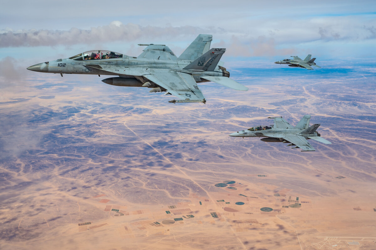U.S. Navy F/A-18 Super Hornets, assigned to the Harry S. Truman Carrier Strike Group, fly a mission over the U.S. Central Command area of responsibility on March 3, 2025. (Staff Sgt. Jackson Manske/U.S. Air Force)