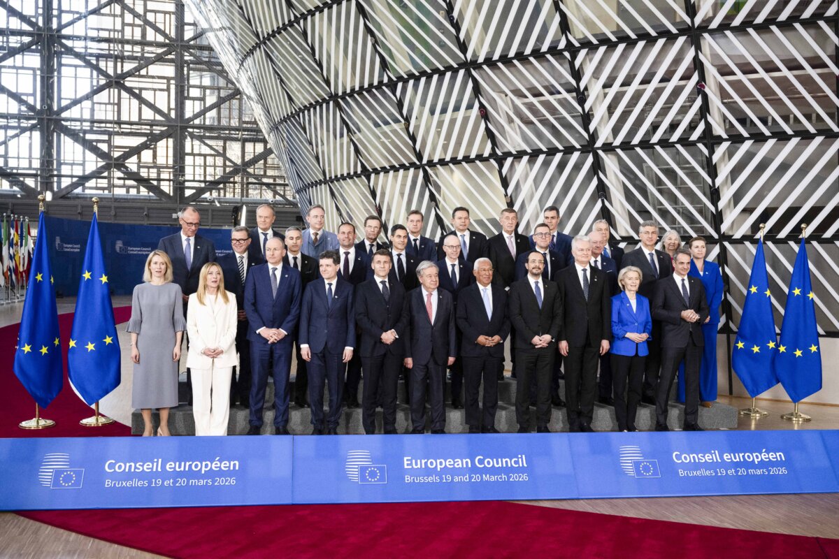 European leaders and Secretary-General of the United Nations António Guterres (C) pose for a family picture during the European Union Summit at the European Union headquarters in Brussels on March 19, 2026. (John Thys/AFP via Getty Images)