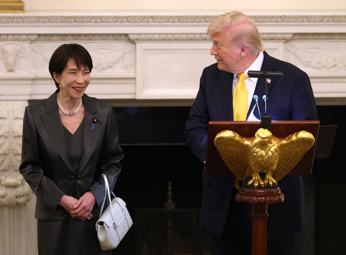 President Donald Trump (R) speaks as Japanese Prime Minister Sanae Takaichi looks on before a dinner in the State Dining Room at the White House on March 19, 2026. (Anna Moneymaker/Getty Images)
