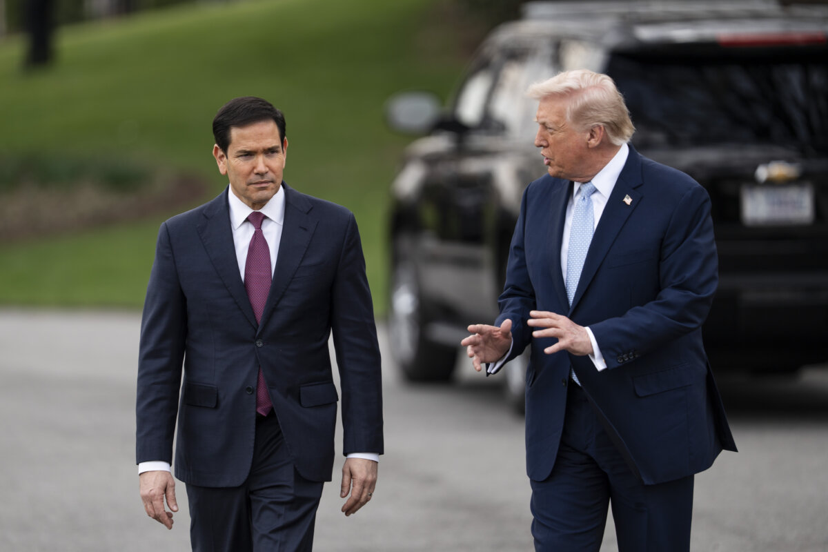 Secretary of State Marco Rubio and President Donald Trump leave the White House on March 20, 2026. (Madalina Kilroy/The Epoch Times)