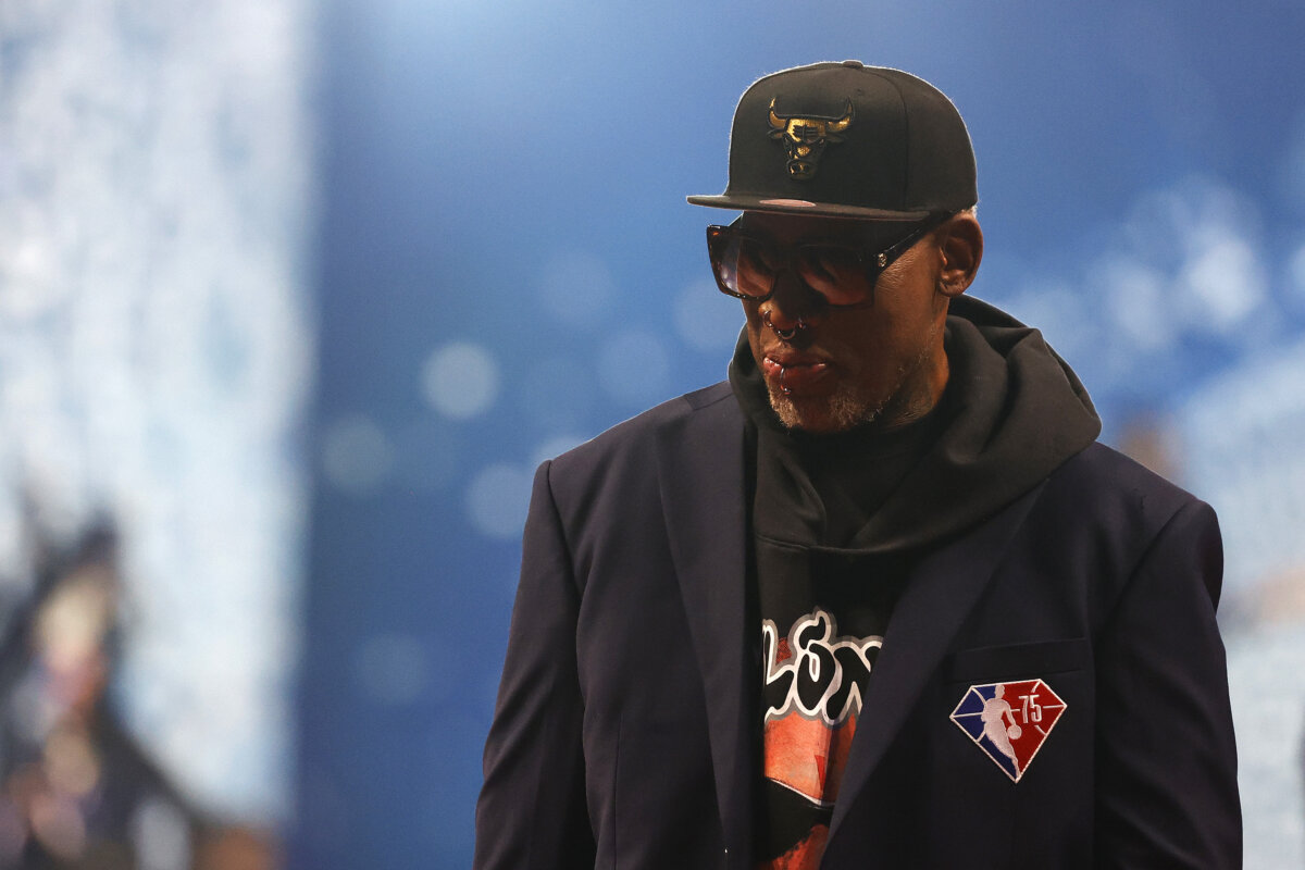 Dennis Rodman reacts after being introduced as part of the NBA 75th Anniversary Team during the 2022 All-Star Game at Rocket Mortgage Fieldhouse in Cleveland on Feb. 20, 2022. (Tim Nwachukwu/Getty Images)