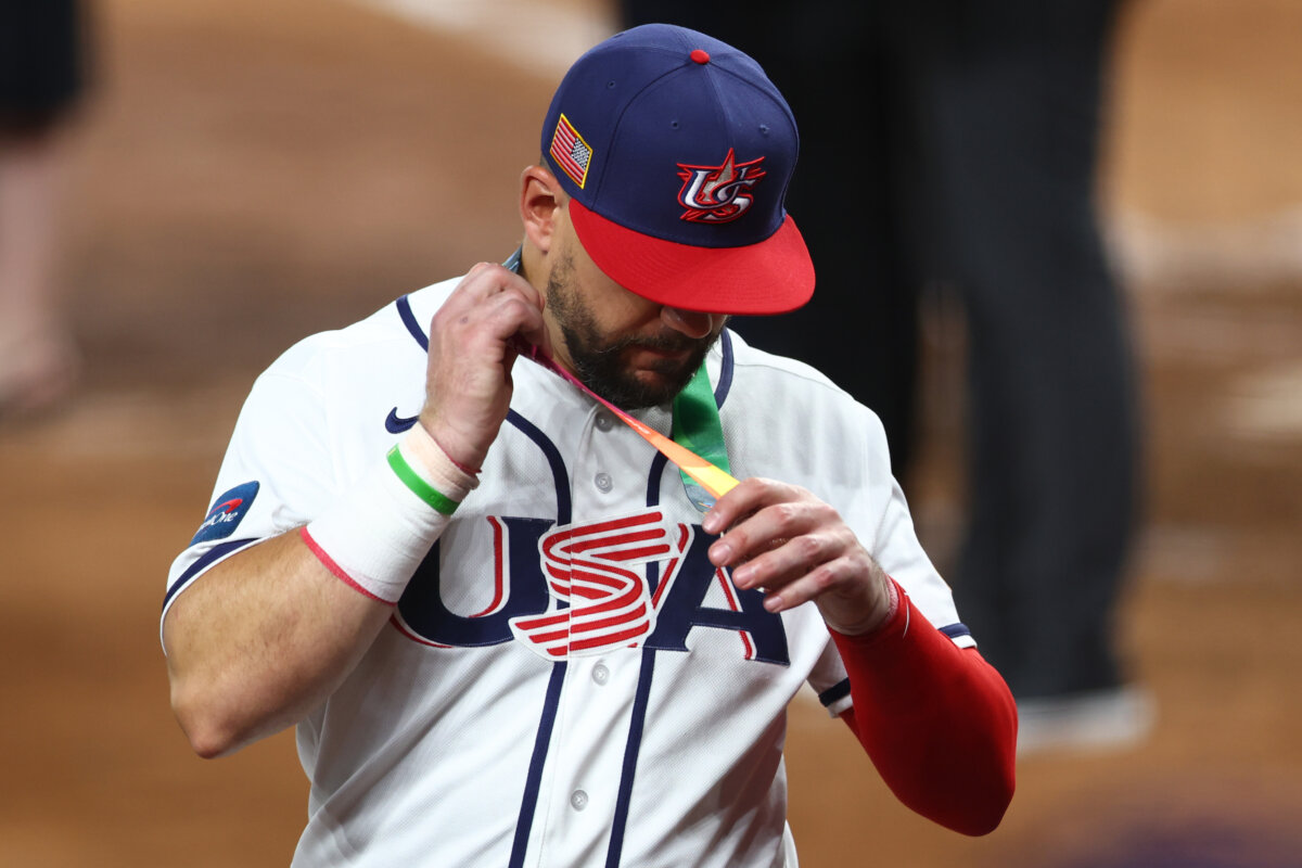 Kyle Schwarber #12 of Team United States reacts after receiving a silver medal following the 3-2 defeat against Team Venezuela at LoanDepot park in Miami on March 17, 2026. (Megan Briggs/Getty Images)