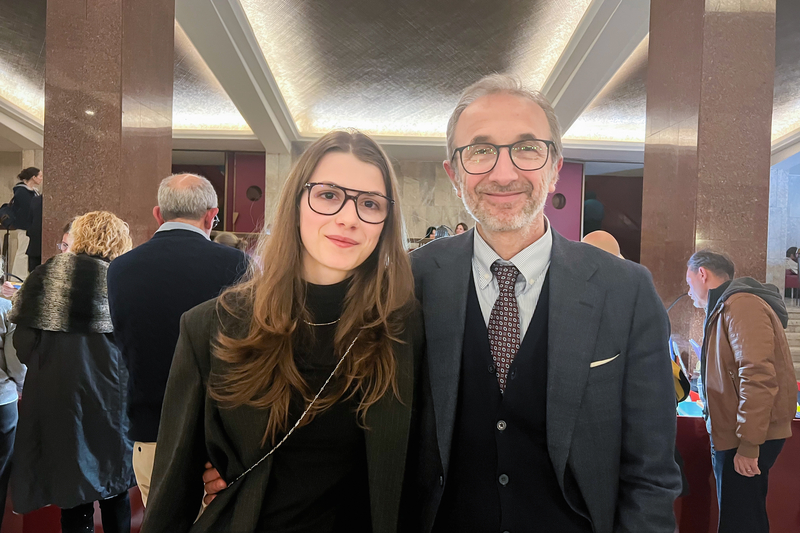 Roberto Mattei, an official from Italy's Interior Ministry, and his daughter, Vittoria Mattei, enjoy Shen Yun Performing Arts at the Auditorium della Conciliazione in Rome, Italy, on March 19, 2026. (Viviana Del Buono/The Epoch Times)