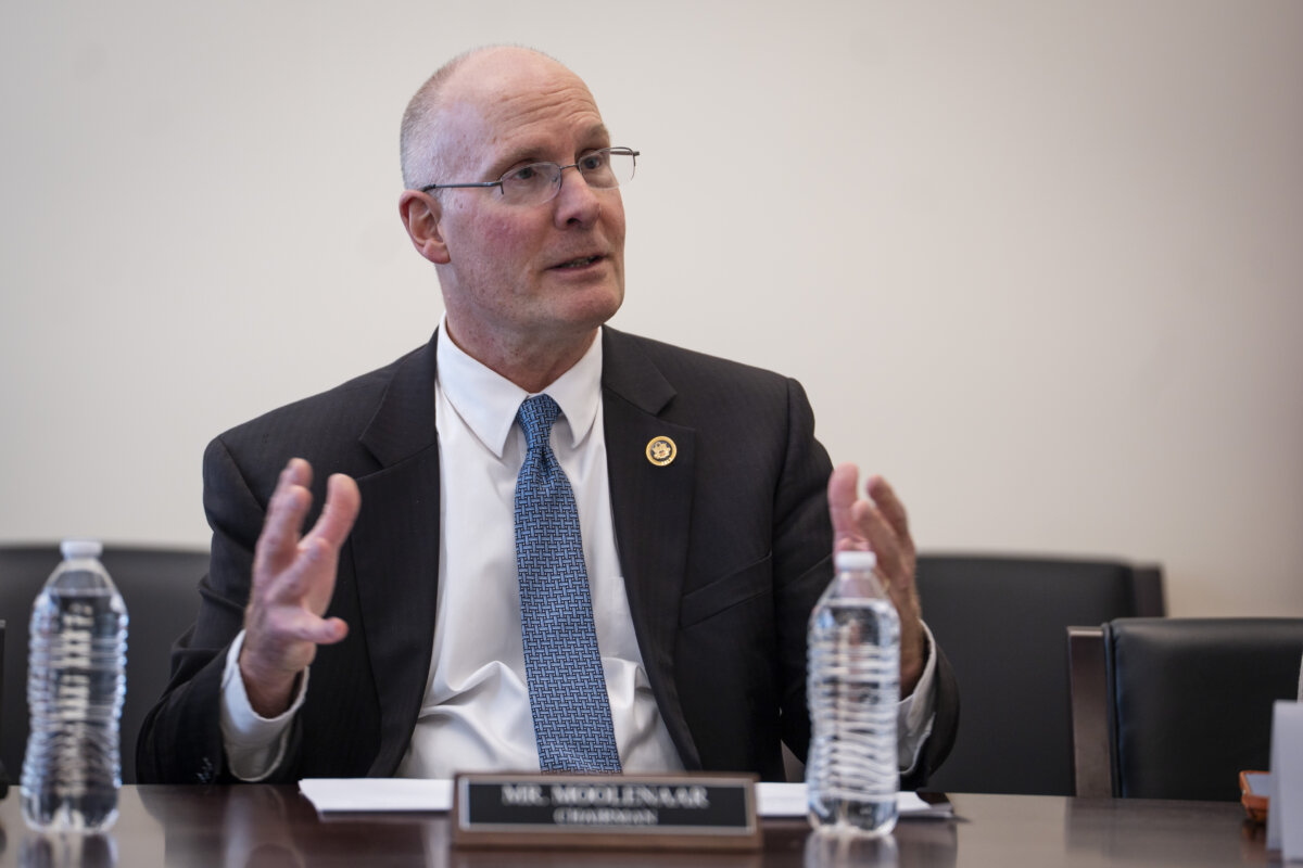 Chairman of the House Select Committee on the Chinese Communist Party Rep. John Moolenaar (R-Mich.) speaks during a press conference on Capitol Hill in Washington on March 19, 2026. (Madalina Kilroy/The Epoch Times)