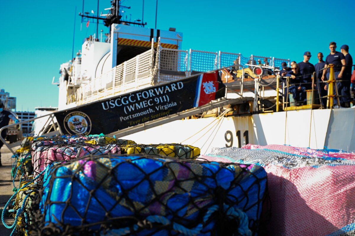 U.S. Coast Guard Cutter Forward (WMEC-911) crew offload illicit drugs valued at more than $49.3 million at Port Everglades, Fla., on March 19, 2026. (U.S. Coast Guard photo by Seaman Christopher Moret)