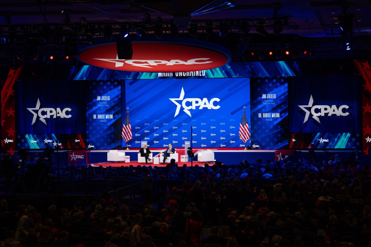 Dr. Robert Malone and Jan Jekielek, Epoch Times senior editor and host of "American Thought Leaders," speak during the annual CPAC in Oxon Hill, Md., on Feb. 22, 2025. (Madalina Vasiliu/The Epoch Times)