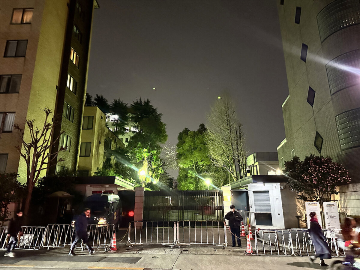 An entrance to the Chinese Embassy in Tokyo on March 24, 2026. (JIJI Press/AFP via Getty Images)