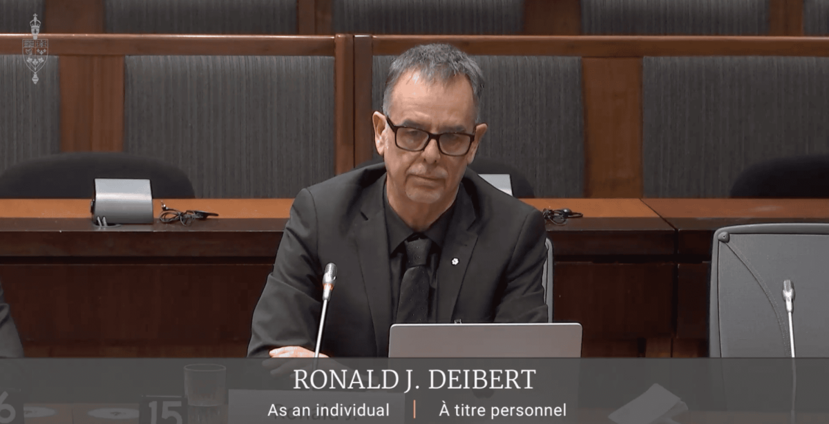 Ronald Deibert, political science professor and director of the Citizen Lab at the University of Toronto, testifies before the House of Commons Subcommittee on International Human Rights on March 23, 2025. (House of Commons/Screenshot via The Epoch Times)
