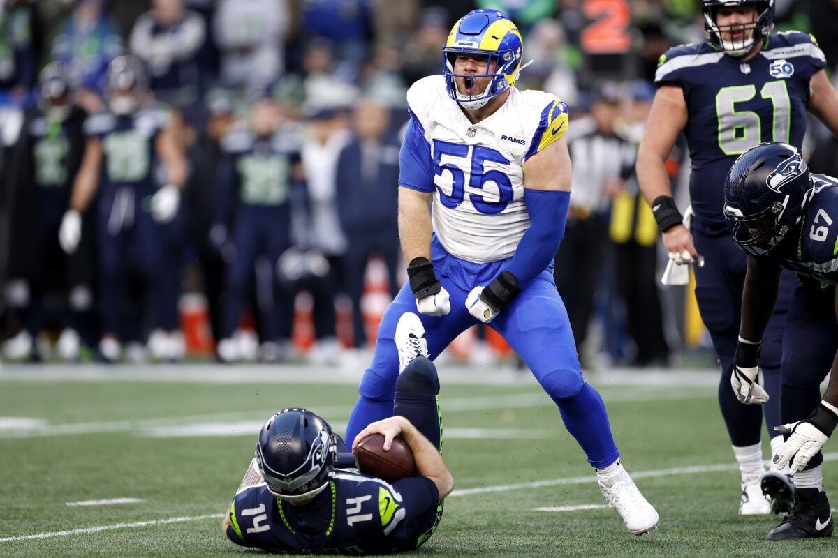 Braden Fiske #55 of the Los Angeles Rams celebrates after sacking Sam Darnold #14 of the Seattle Seahawks during the second quarter in the NFC Championship game at Lumen Field in Seattle, Washington, on Jan. 25, 2026. (Ronald Martinez/Getty Images)