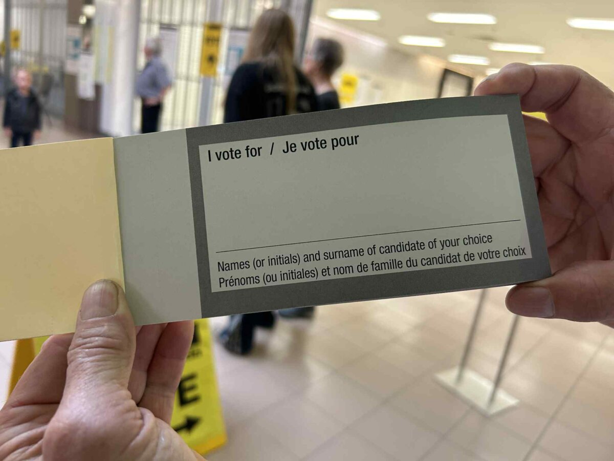 The adapted ballot being used in the Battle River-Crowfoot federal byelection is seen at an advance polling station in Camrose, Alta., on Aug. 8, 2025. (The Canadian Press/Fakiha Baig)