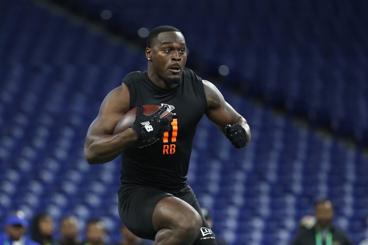 Jeremiyah Love of Notre Dame participates in a drill during the 2026 NFL Scouting Combine at Lucas Oil Stadium in Indianapolis on Feb. 28, 2026. (Stacy Revere/Getty Images)