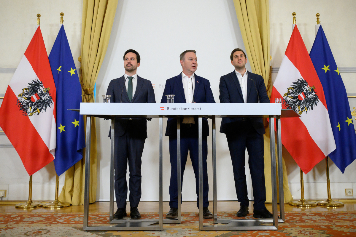 Vice Chancellor Andreas Babler of the Social Democrats, Secretary of State for Digitalization Alexander Proell of the People’s Party, and Minister of Education Christoph Wiederkehr of the Neos party hold a press conference on plans to ban social media for children under 14 years of age in Vienna on March 27, 2026. (Elisabeth Mandl/Reuters)