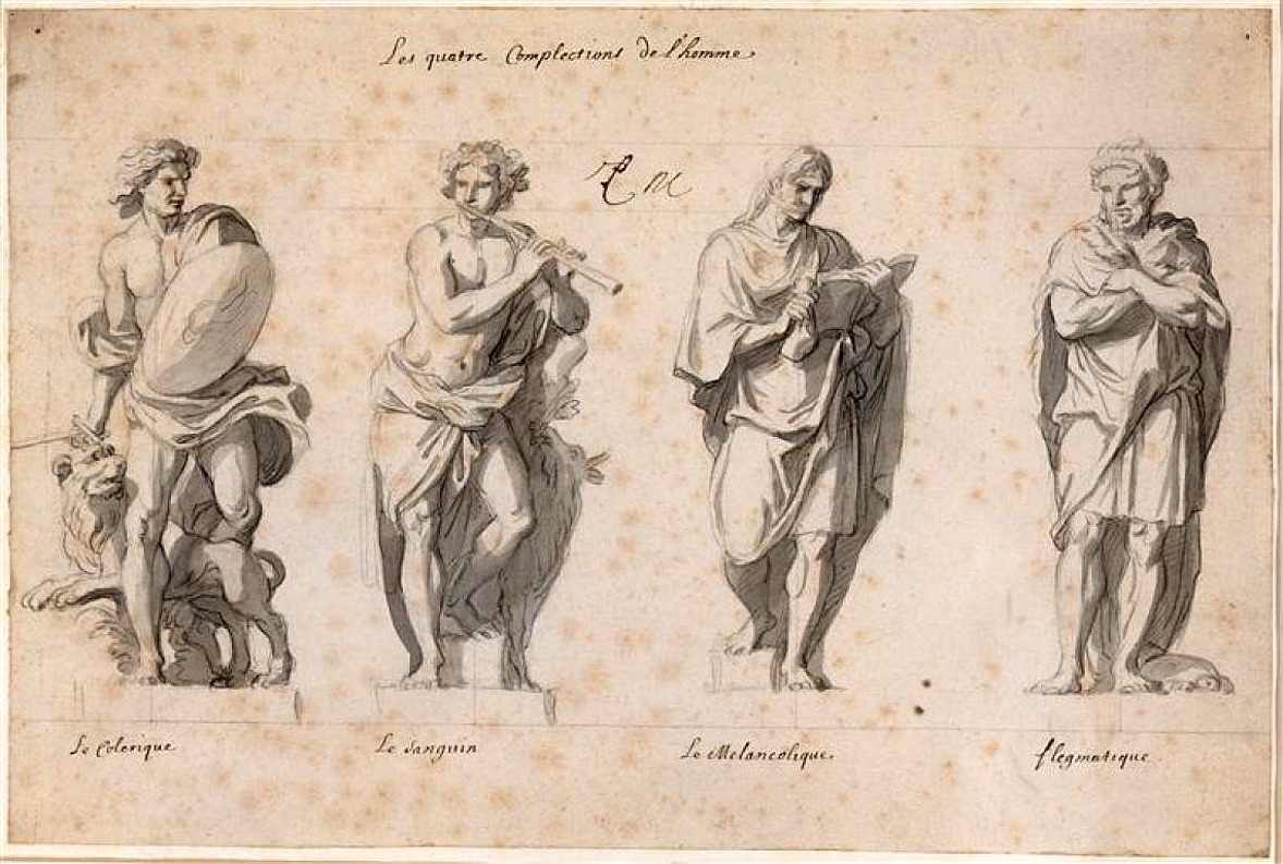 Charles Le Brun's depiction of "The Four Temperaments," created in the 17th century, illustrates each temperament's distinguishing traits. (Public domain)