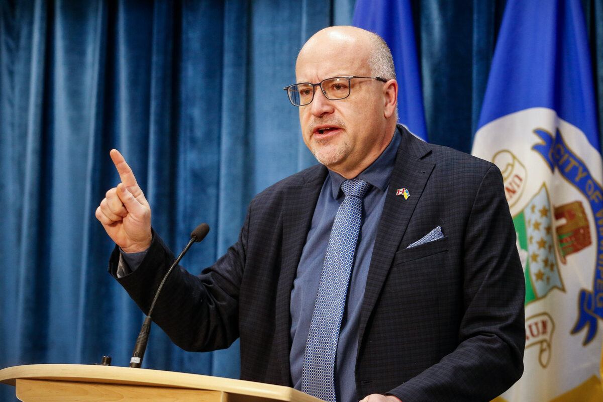 Winnipeg city councillor Russ Wyatt speaks at a press conference in Winnipeg on March 1, 2023. (The Canadian Press/John Woods)