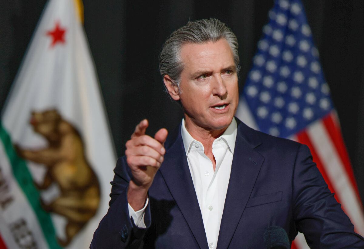 California Gov. Gavin Newsom speaks to reporters in Stockton, Calif., on Oct. 22, 2025. (Justin Sullivan/Getty Images)