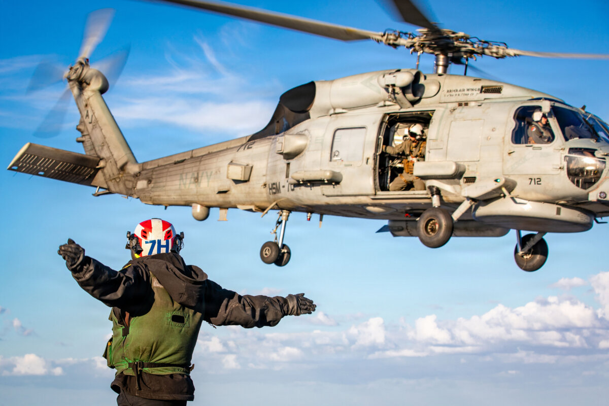 An MH-60 Sea Hawk helicopter launches from the flight deck of the USS Gerald R. Ford at sea during Operation Epic Fury on Feb. 28, 2026. (Photo by U.S. Navy via Getty Images)