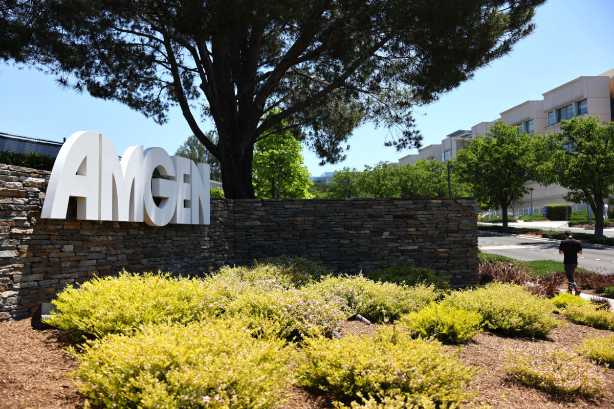 An Amgen sign outside the company's headquarters in Thousand Oaks, Calif., on May 17, 2023. (Mario Tama/Getty Images)