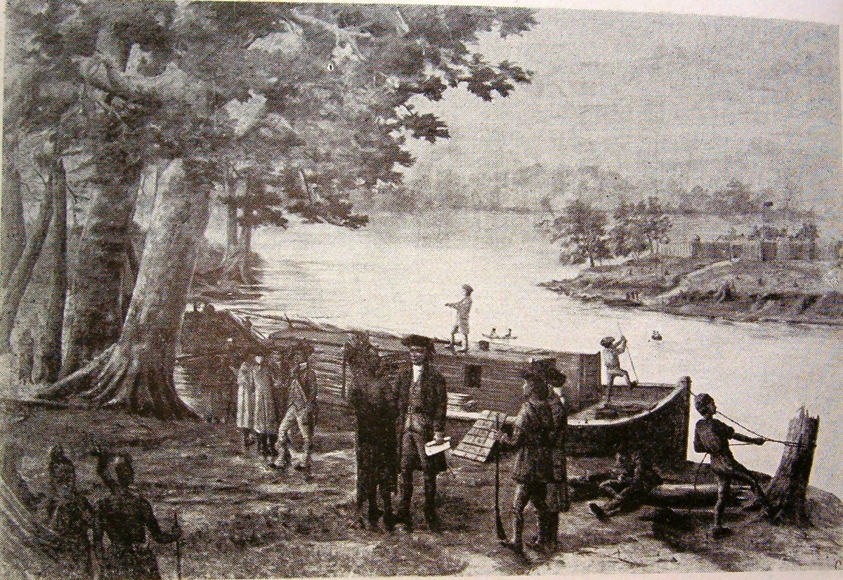 Rufus Putnam and American pioneers to the Northwest Territory at the mouth of the Muskingum River at the confluence of the Ohio and Muskingum Rivers, on April 7, 1788. From John T. Faris's "On the Trail of the Pioneers," published in 1920. (Public Domain)