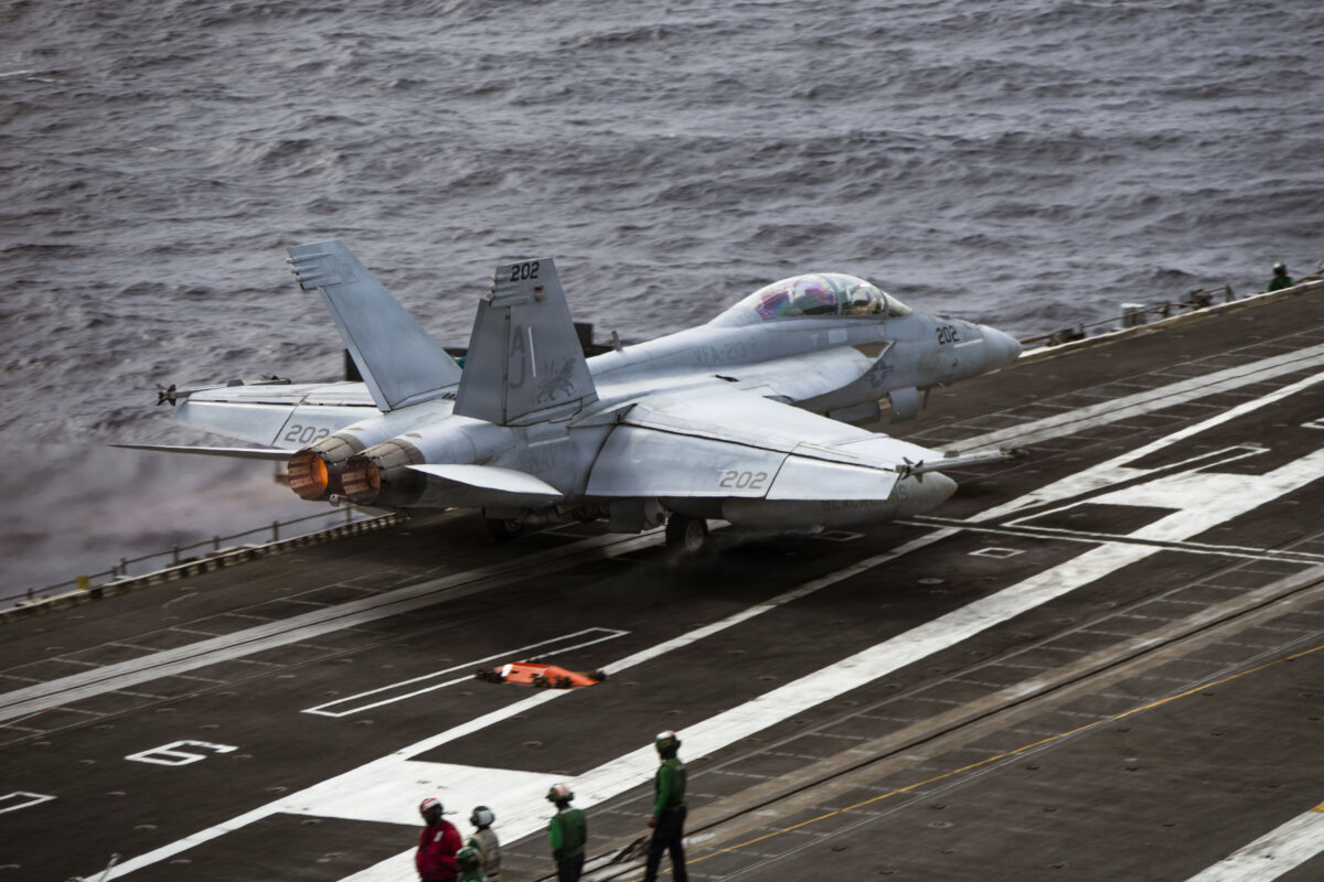 An F/A-18F Super Hornet aircraft, attached to Strike Fighter Squadron 213, launches from the flight deck of the world’s largest aircraft carrier, USS Gerald R. Ford (CVN 78), while underway during Operation Epic Fury, on March 15, 2026. (U.S. Navy photo)