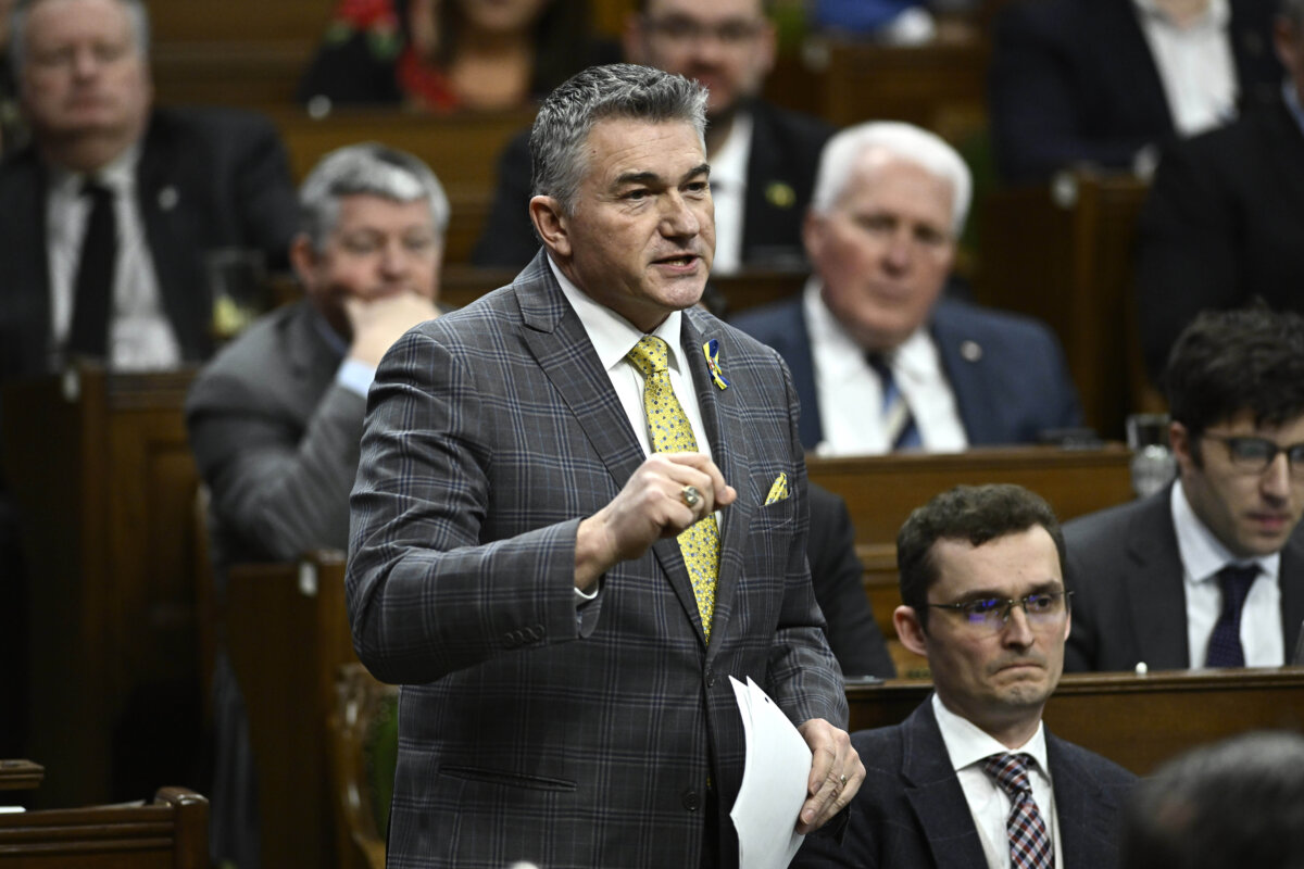 Conservative MP James Bezan rises during question period in the House of Commons on Parliament Hill in Ottawa on Feb. 29, 2024. (The Canadian Press/Justin Tang)