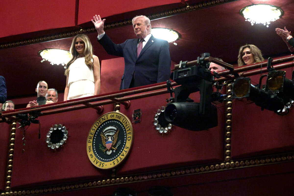 President Donald Trump and First Lady Melania Trump arrive at the Opera House of the Kennedy Center for the opening night performance of the musical "Chicago" in Washington on March 31, 2026. (Alex Wong/Getty Images)