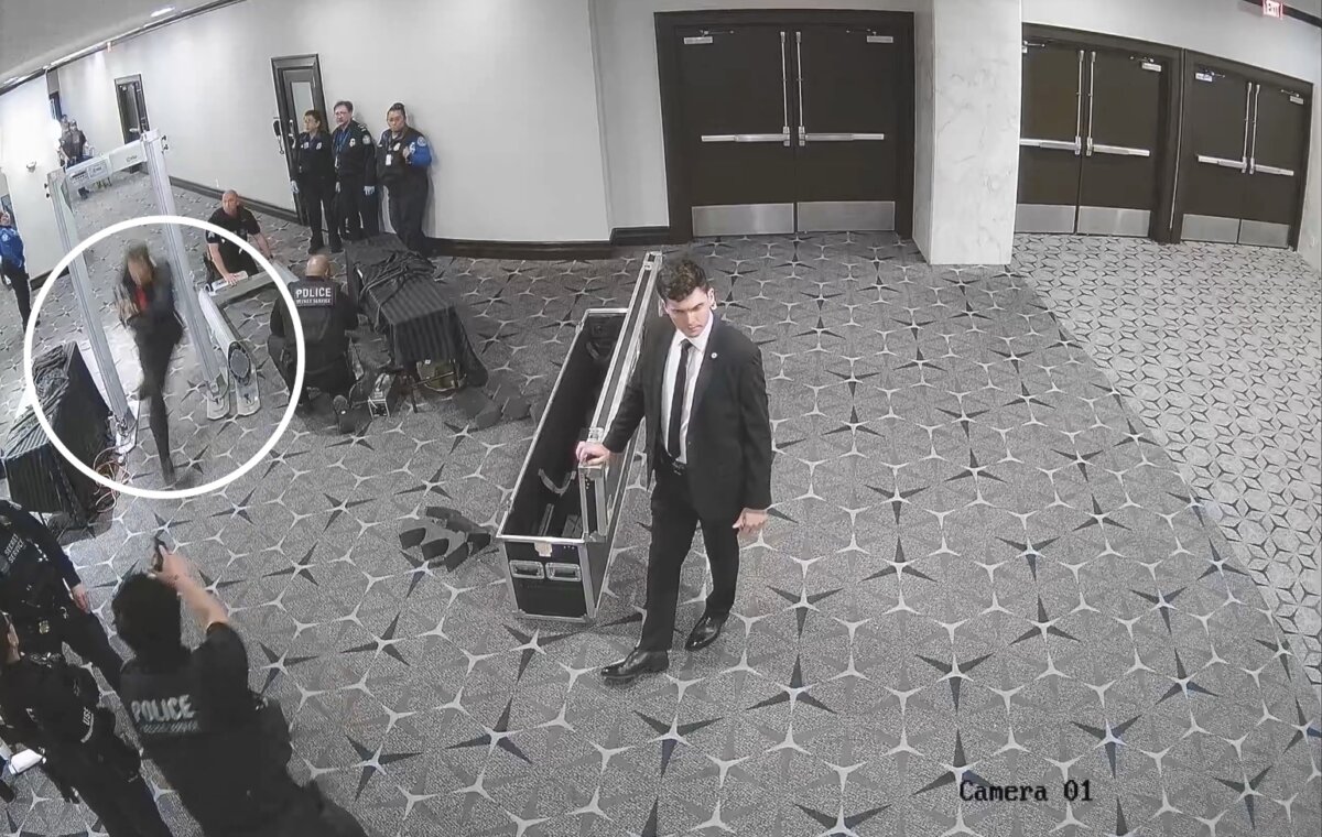 A screenshot of the assailant and security officers at the White House Correspondents' Dinner on April 26, 2026. (U.S. Attorney Jeanine Pirro via X/Screenshot via The Epoch Times)