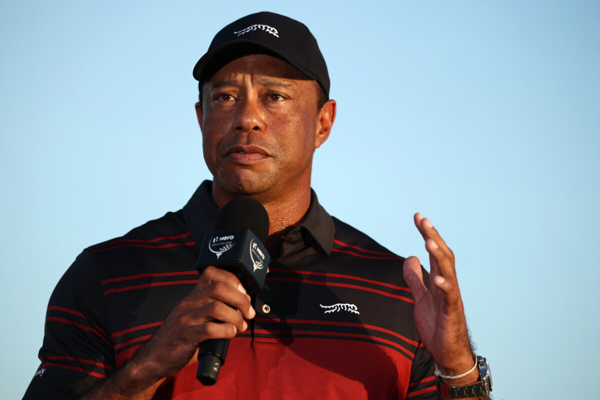 Tiger Woods speaks during the trophy presentation on the 18th green after the final round of the Hero World Challenge 2025 at Albany Golf Course in Nassau, Bahamas, on Dec. 7, 2025. (Jared C. Tilton/Getty Images)