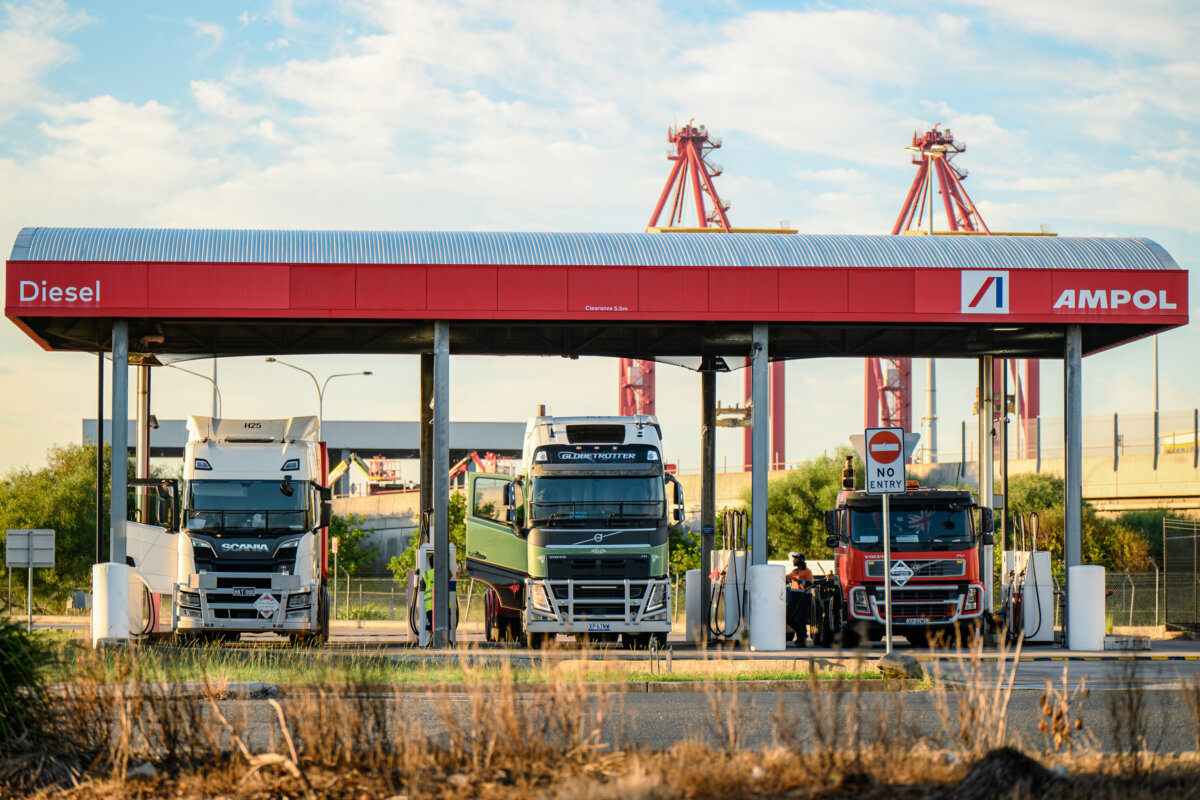 Drivers refuel trucks with diesel fuel at Ampol gas station in Port Botany in Sydney, Australia, on April 2, 2026. (George Chan/Getty Images)