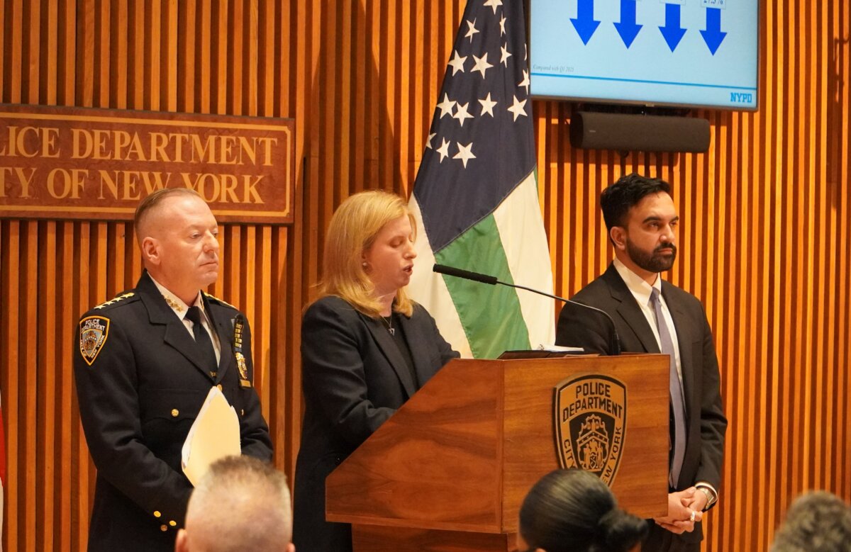 New York Police Commissioner Jessica S. Tisch and Mayor Zohran Mamdani announce 2026 first quarter crime statistics at the police headquarters in New York City on April 2, 2026. (Nicholas Zifcak/The Epoch Times)