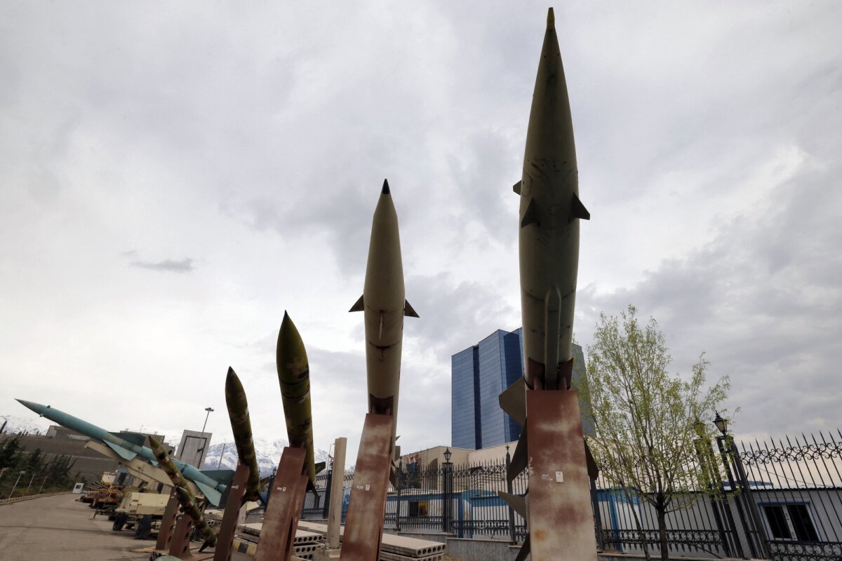 Mock-ups of Iranian missiles displayed outside a museum in Tehran, Iran, on March 31, 2026. (AFP via Getty Images)