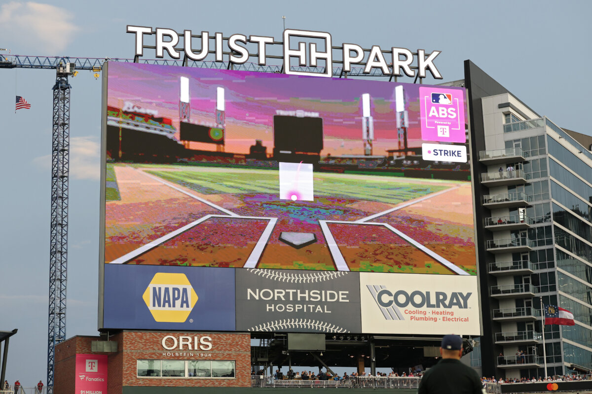 The scoreboard at Truist Park is seen during an Automated Ball-Strike system challenge during the first inning of the MLB All-Star Game in Atlanta, Ga., on July 15, 2025. (Kevin C. Cox/Getty Images)