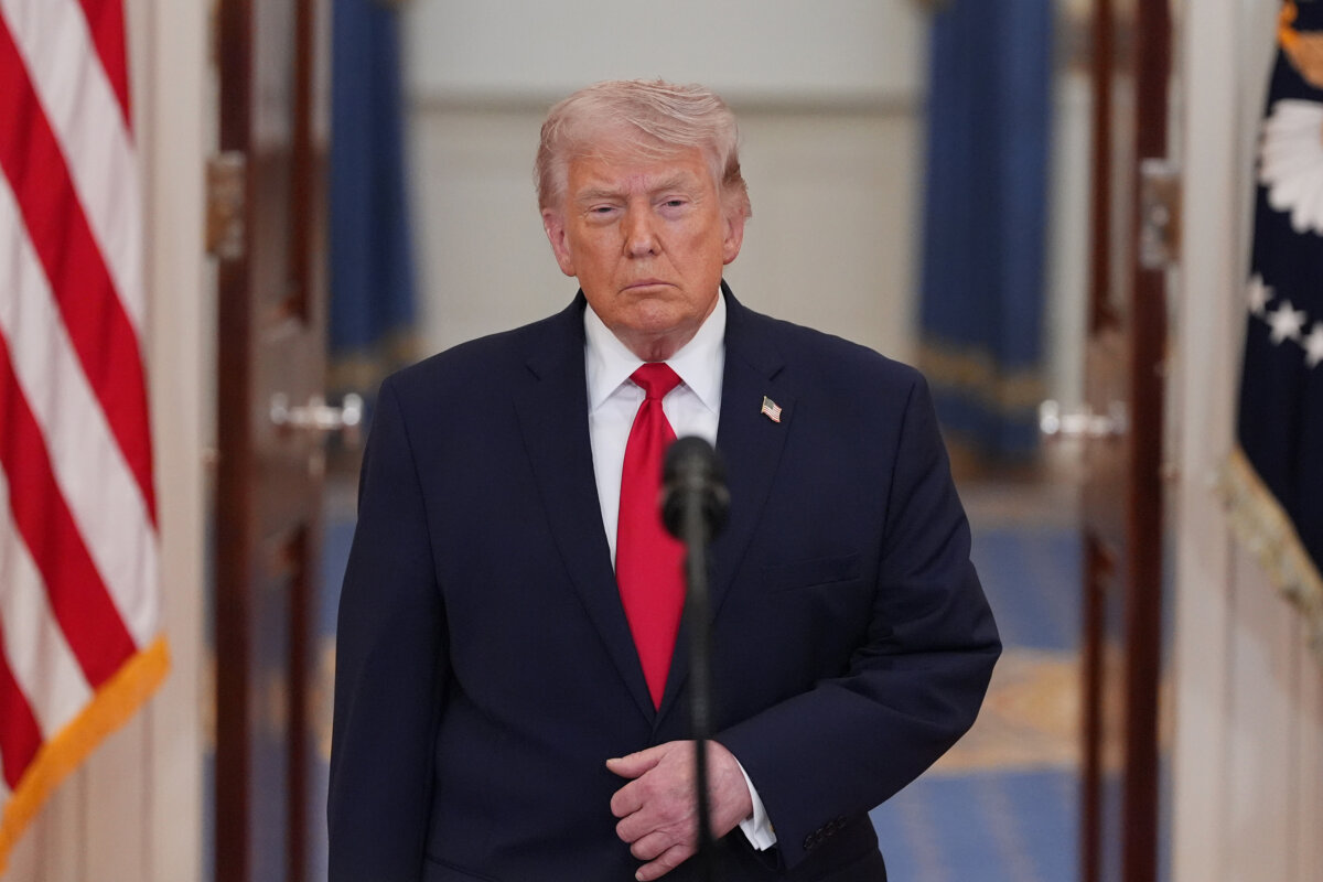 President Donald Trump speaks from the Cross Hall of the White House on April 1, 2026. (Alex Brandon/Pool/Getty Images)