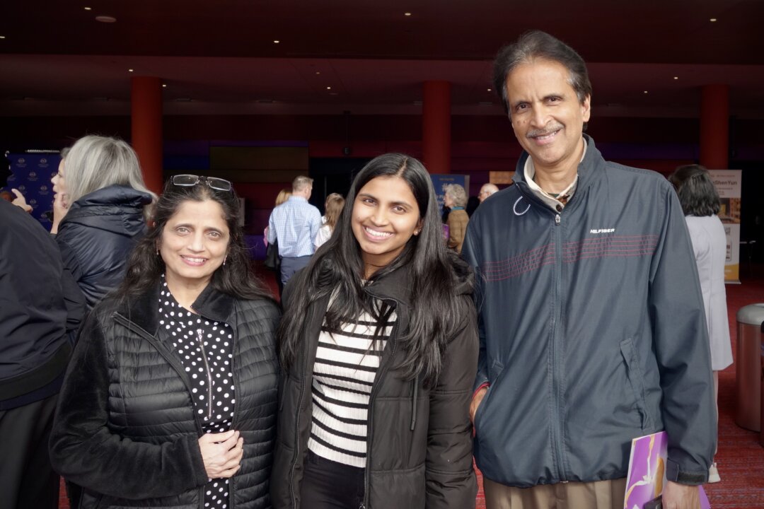 (L to R) Tanuja Joshi, Sanika Joshi, and Abhay Joshi at the Shen Yun Performing Arts performance at Marion Oliver McCaw Hall on April 2 2026. (Frank Zhang/The Epoch Times)